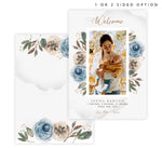 Load image into Gallery viewer, Precious Flowers Birth Announcement card with 1 image spot and watercolor blue flowers, back with watercolor blue flowers on top and bottom

