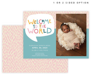 Colorful World Birth Announcement card with 1 image spot, back with decrative pink pattern