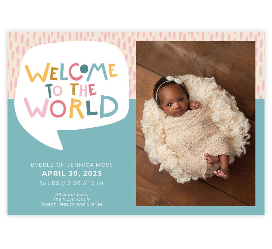Colorful World Birth Announcement card with 1 image spot and decrative pink at the top and blue block at the bottom