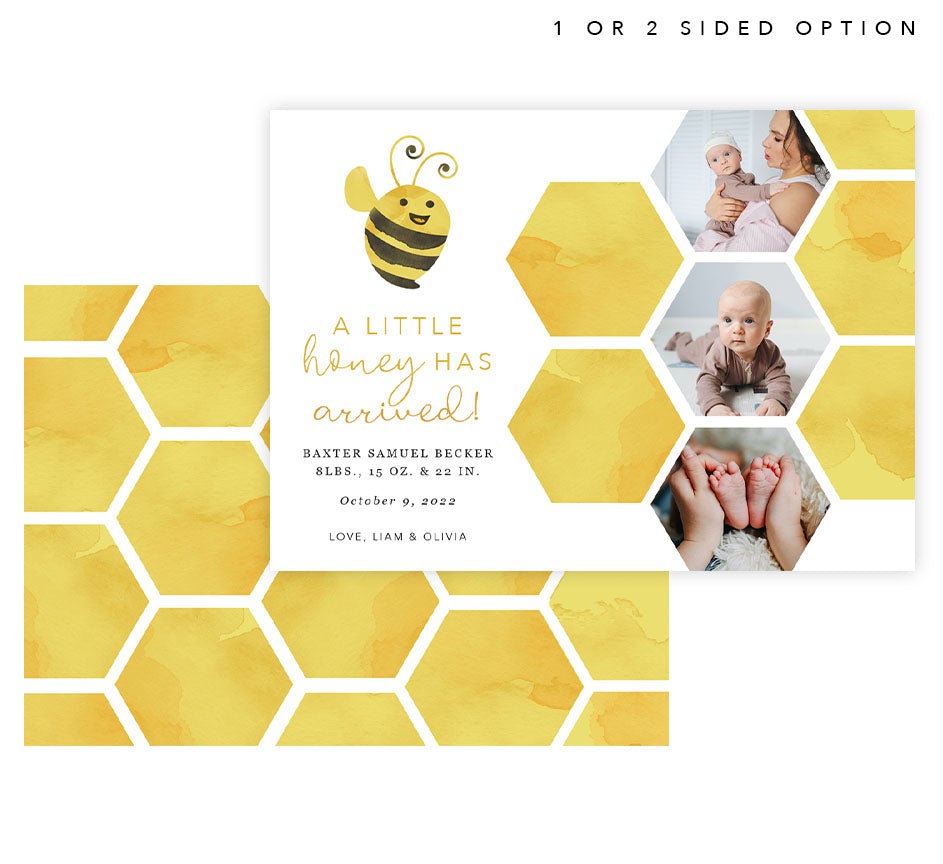 Little Honey Birth Announcement card with 3 image spots and yellow watercolor honeycomb pattern, with with honeycomb pattern