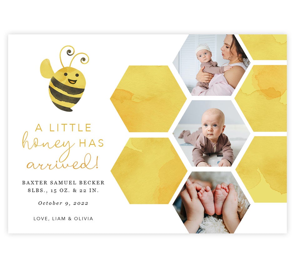 Little Honey Birth Announcement card with 3 image spots and yellow watercolor honeycomb pattern