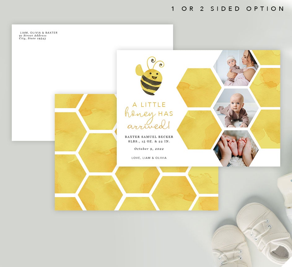Mockup of Little Honey Birth Announcement card with envelope
