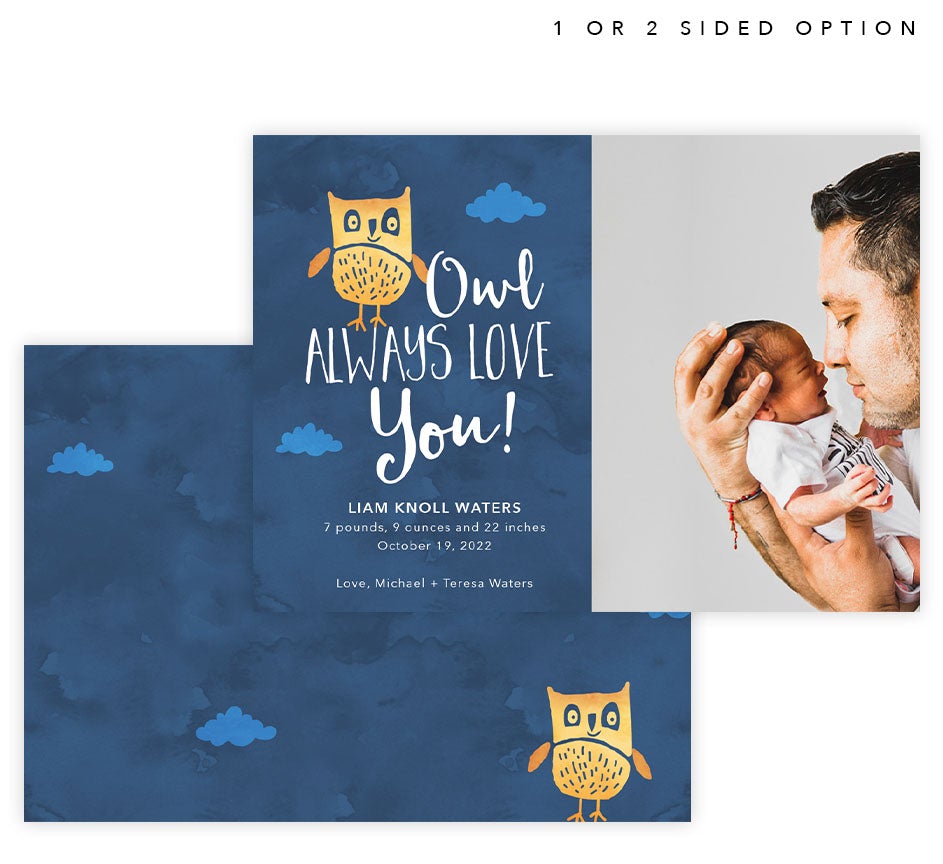 Owl Love You Birth Announcement card with 1 image spot and matching card back