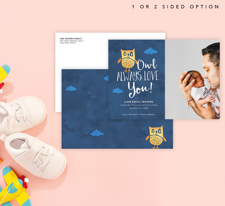 Mockup of Owl Love You Birth Announcement card with envelope