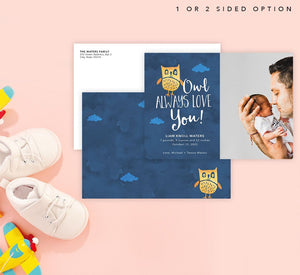 Mockup of Owl Love You Birth Announcement card with envelope