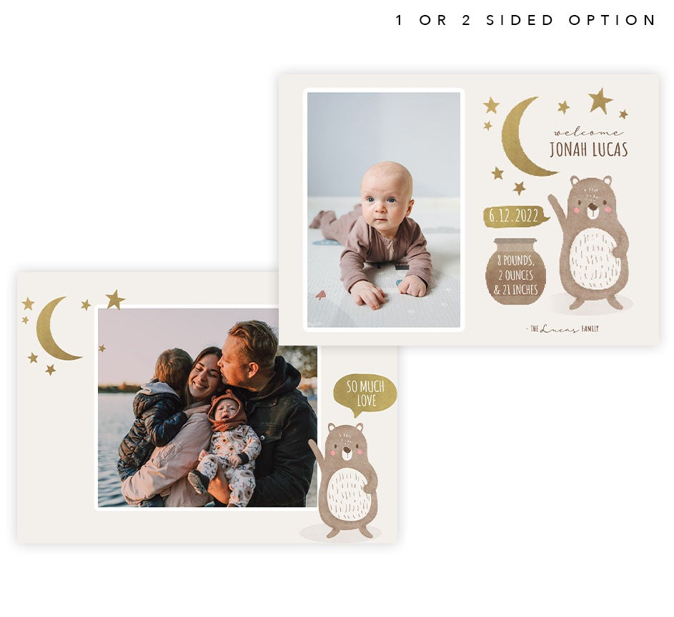 Baby Bear Birth Announcement card with 1 image spot and matching card back