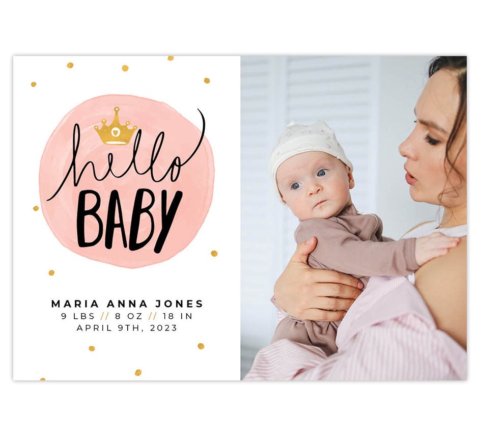 Baby Princess birth announcement card with 1 photo spot