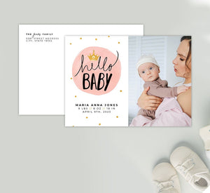 Mockup of Baby Princess birth announcement card with envelope
