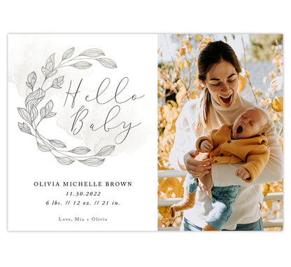 Graceful Wreath Birth Announcement card with 1 to 3 image spots
