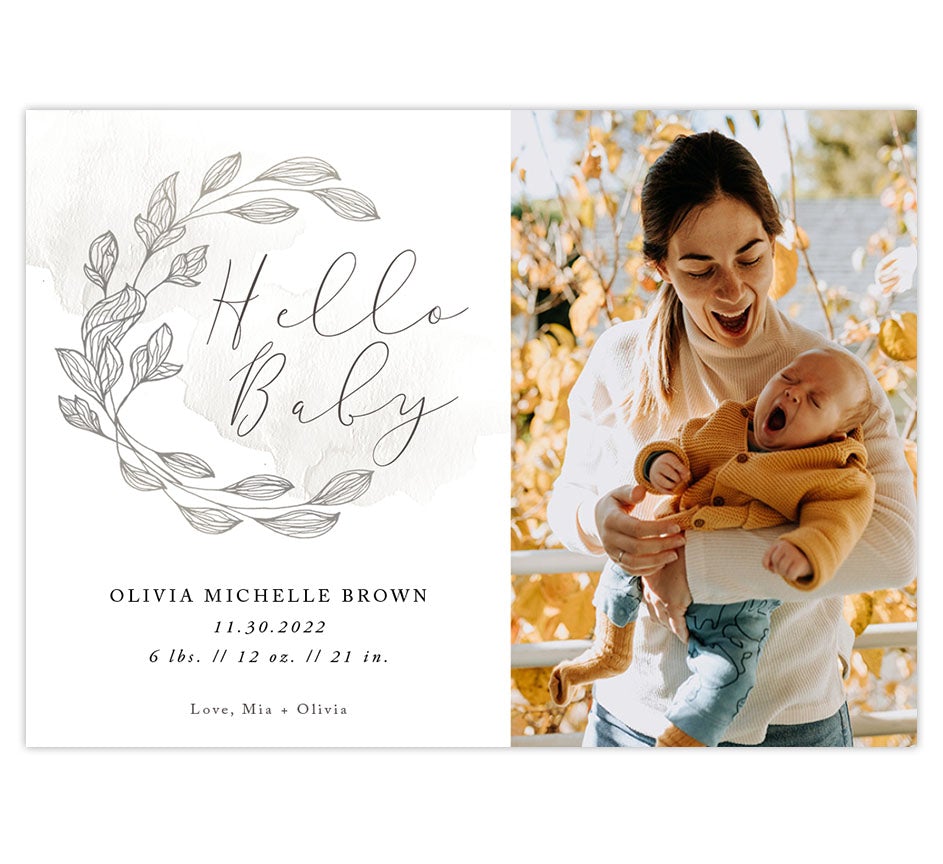 Graceful Wreath Birth Announcement card with 1 to 3 image spots