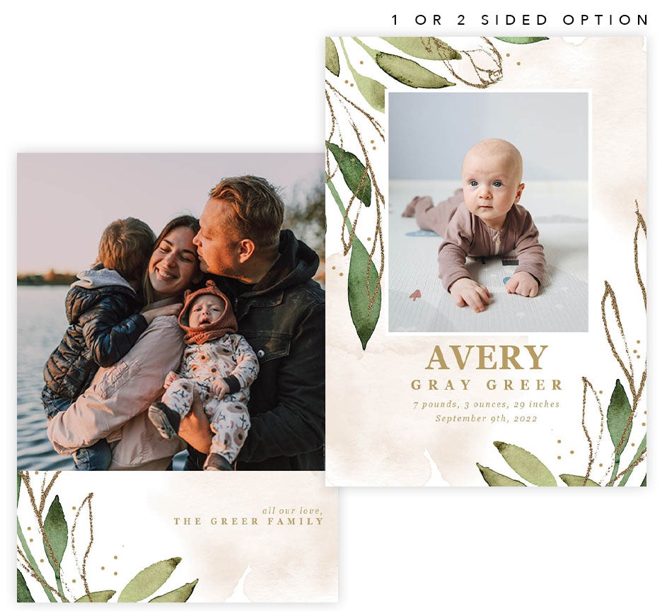Watercolor Greenery Birth Announcement card with 1 image spot and matching card back