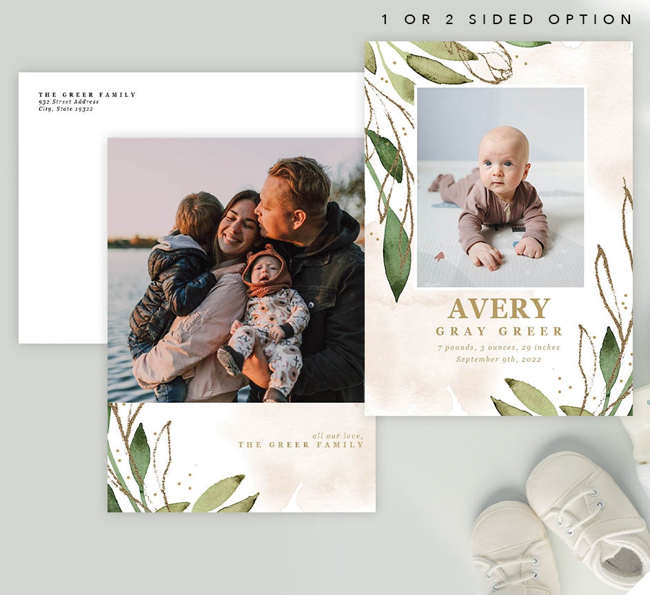 Mockup of Watercolor Greenery Birth Announcement card with envelope