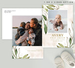 Load image into Gallery viewer, Mockup of Watercolor Greenery Birth Announcement card with envelope
