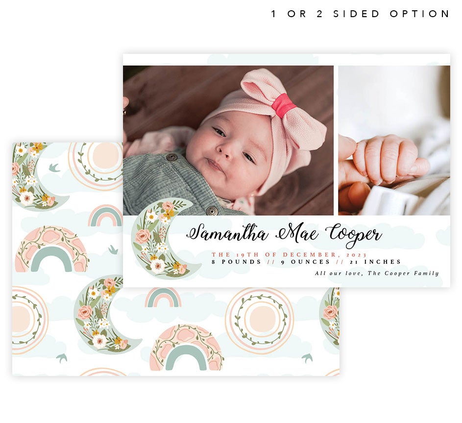 Blooming Moon Birth Announcement card with 2 image spot and matching card back