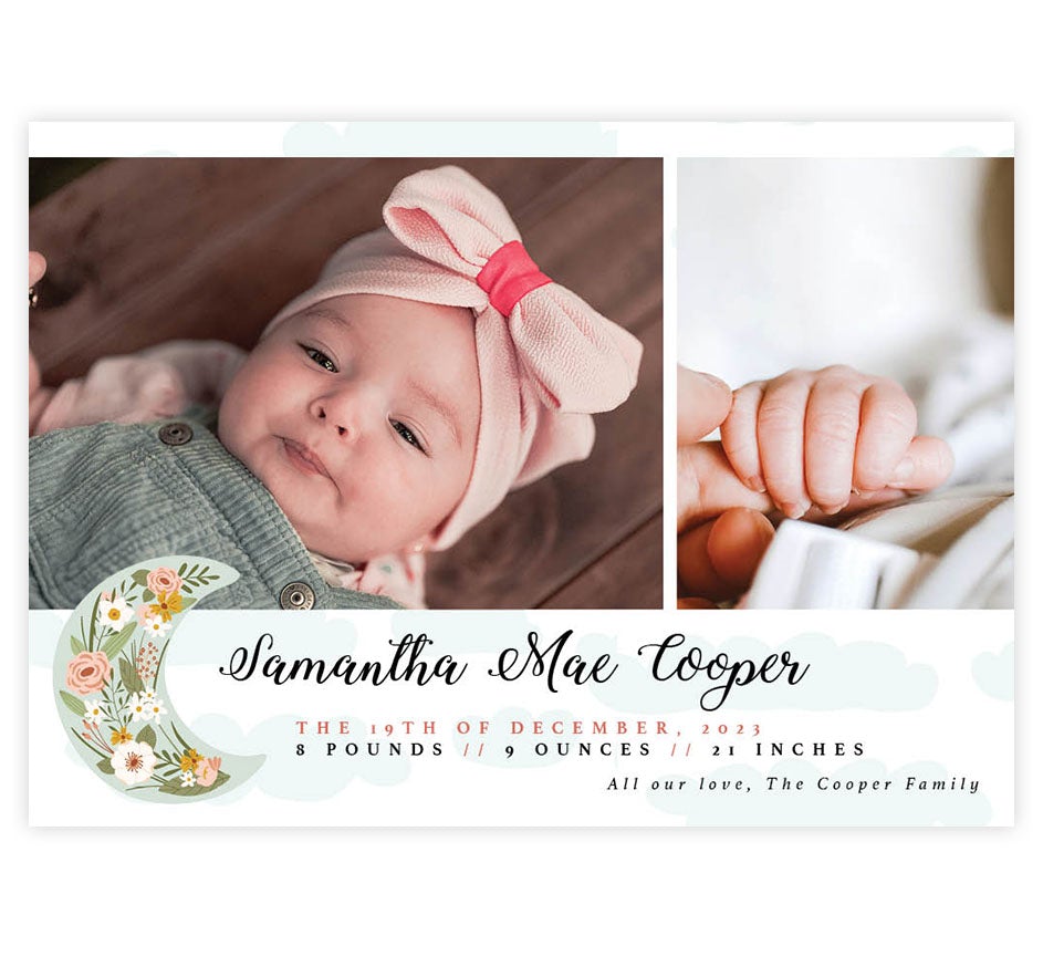 Blooming Moon Birth Announcement card with 2 image spots