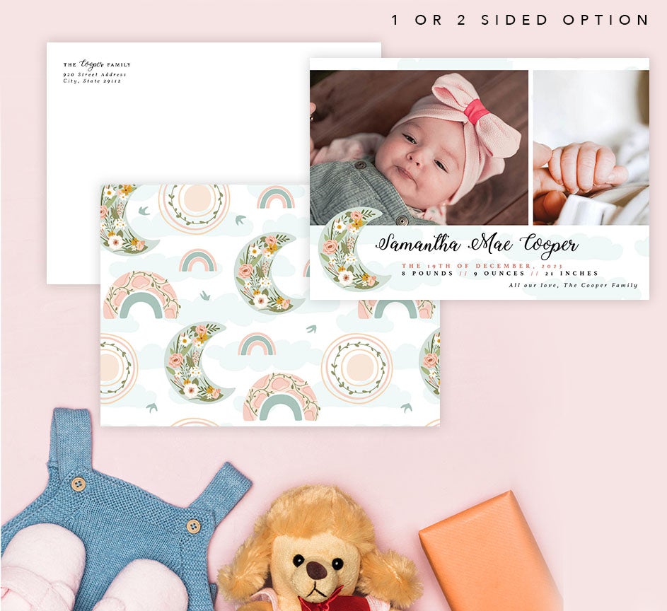 Mockup of Blooming Moon Birth Announcement card with envelope