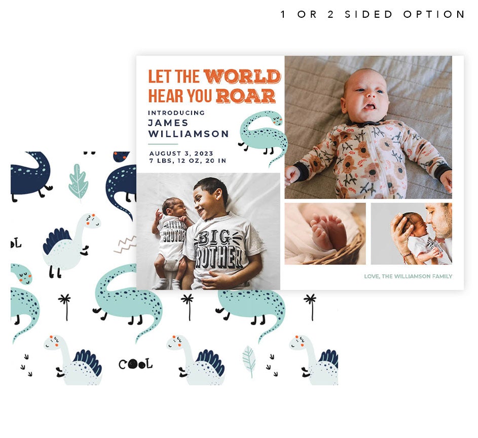 Hear You Roar Birth Announcement card with 2 image spot and matching card back