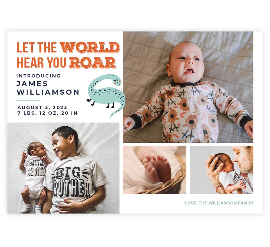 Hear You Roar Birth Announcement card with 4 image spots