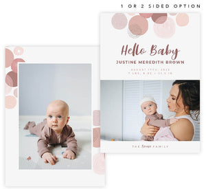 Boho Pinks Birth Announcement card with 2 image spot and matching card back