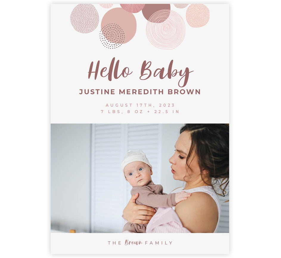 Boho Pinks Birth Announcement card with 1 image spot