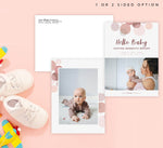 Load image into Gallery viewer, Mockup of Boho Pinks Birth Announcement card with envelope
