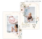 Load image into Gallery viewer, Elegant Blooms Birth Announcement card with 3 image spot and matching card back
