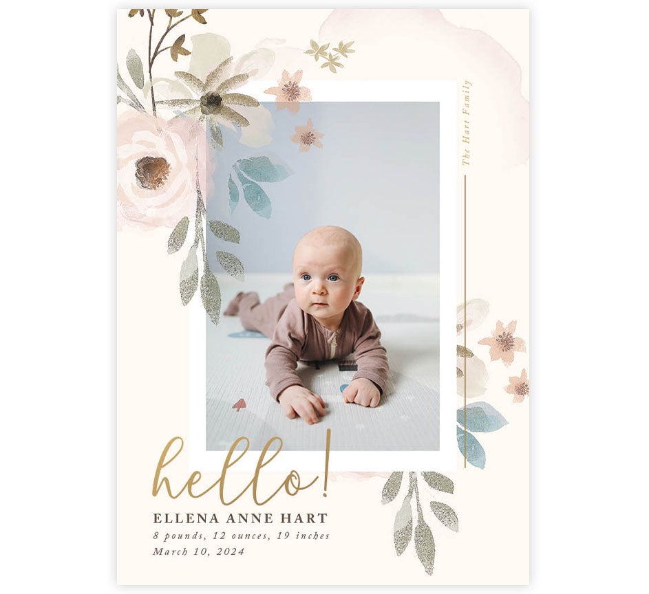 Elegant Blooms Birth Announcement card with 1 image spot