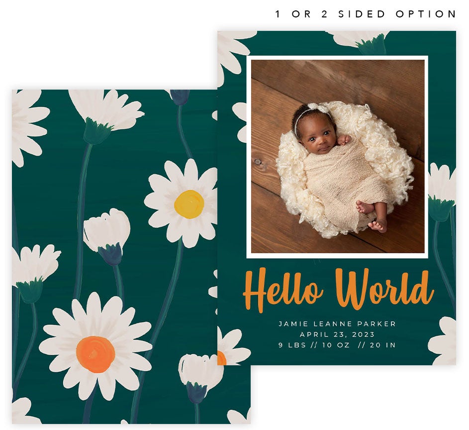 Bold Daisies Birth Announcement card with 1 image spot and matching card back
