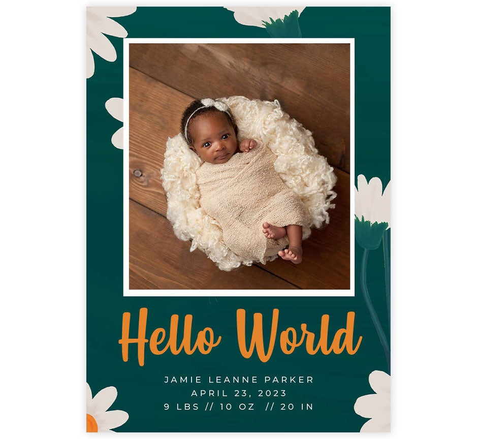 Bold Daisies Birth Announcement card with 1 image spot