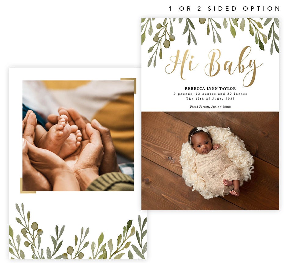 Green and Gold Birth Announcement card with 2 image spot and matching card back