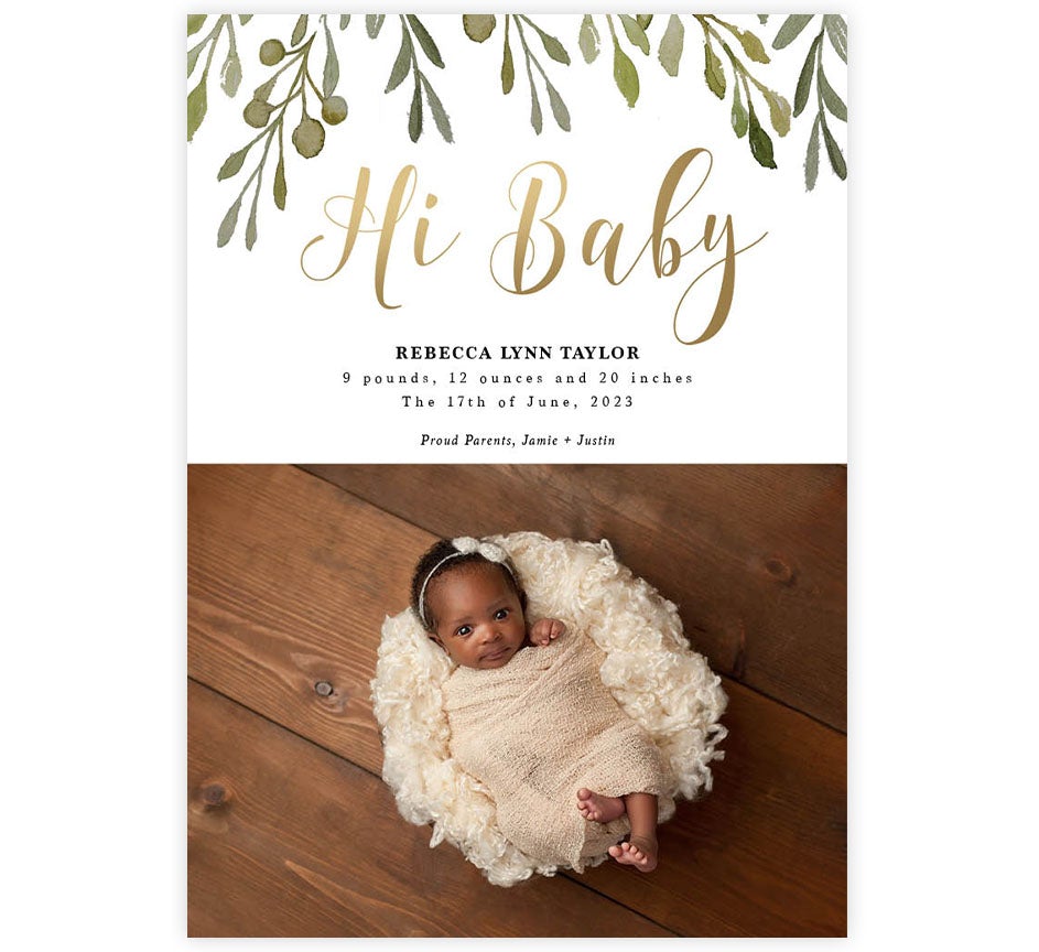 Green and Gold Birth Announcement card with 1 image spot