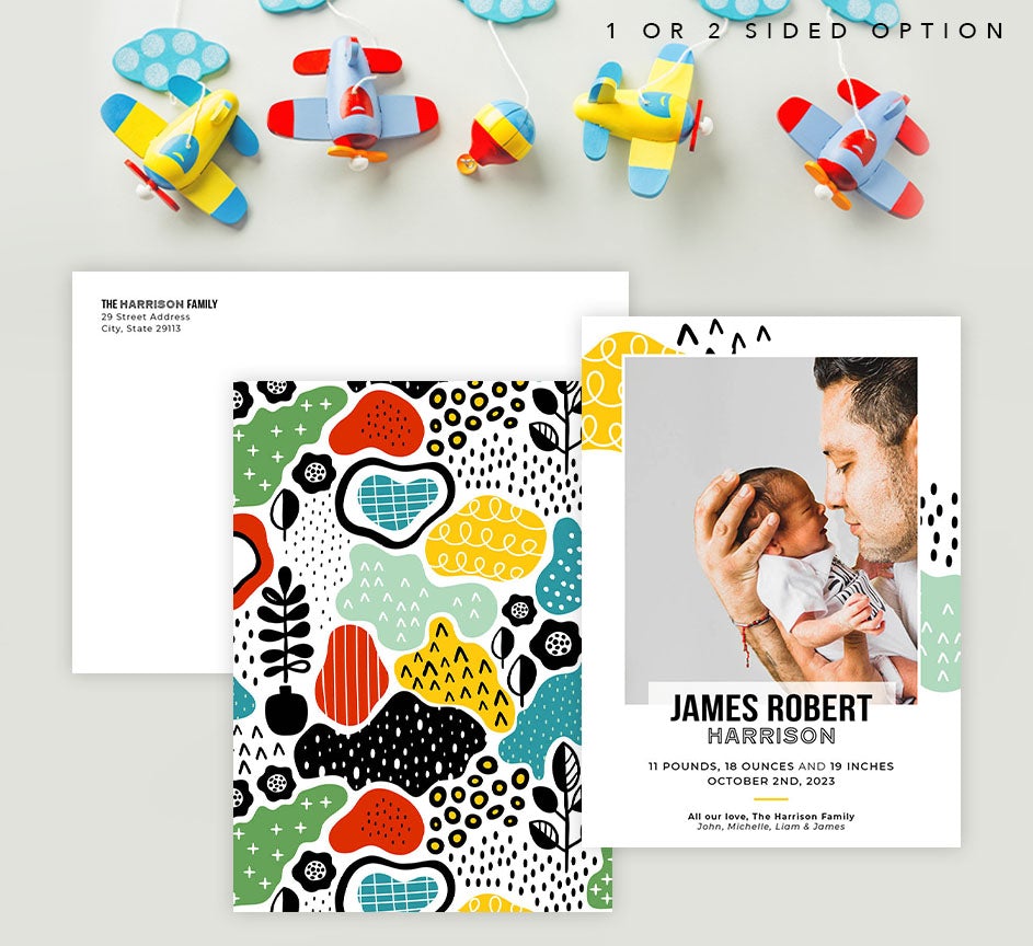 Mockup of Vivid Designs Birth Announcement card with envelope