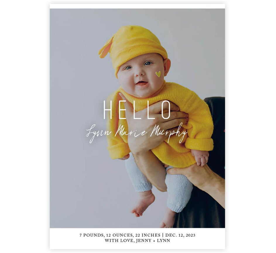 Grand Hello Birth Announcement card with 3 image spot