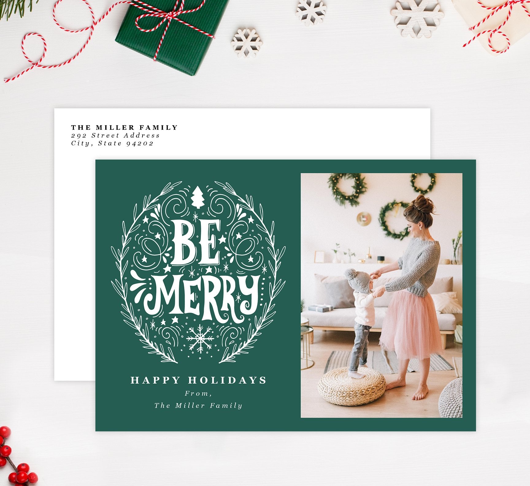 Be Merry Holiday Card Mockup; Holiday card with envelope and return address printed on it. 
