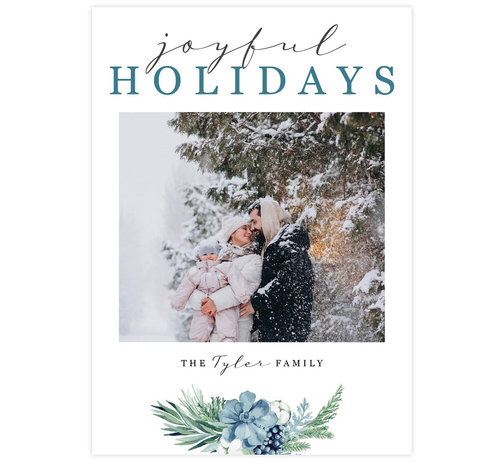 Blue Botanical Holiday Card; White background with your uploaded photo in the middle. Winter, blue, watercolor floral swag at the bottom and "Joyful Holidays" at the top.