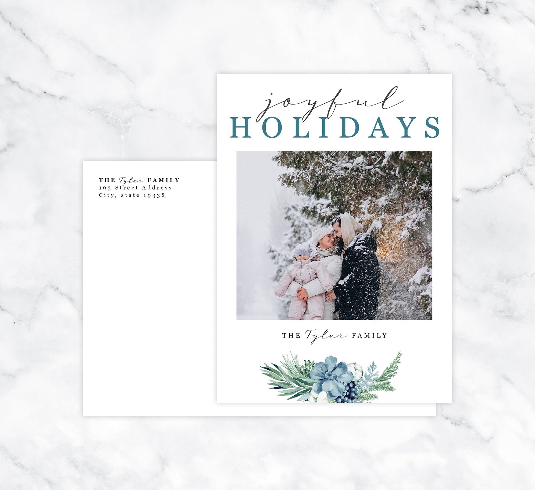 Blue Botanical Holiday Card Mockup; Holiday card with envelope and return address printed on it. 