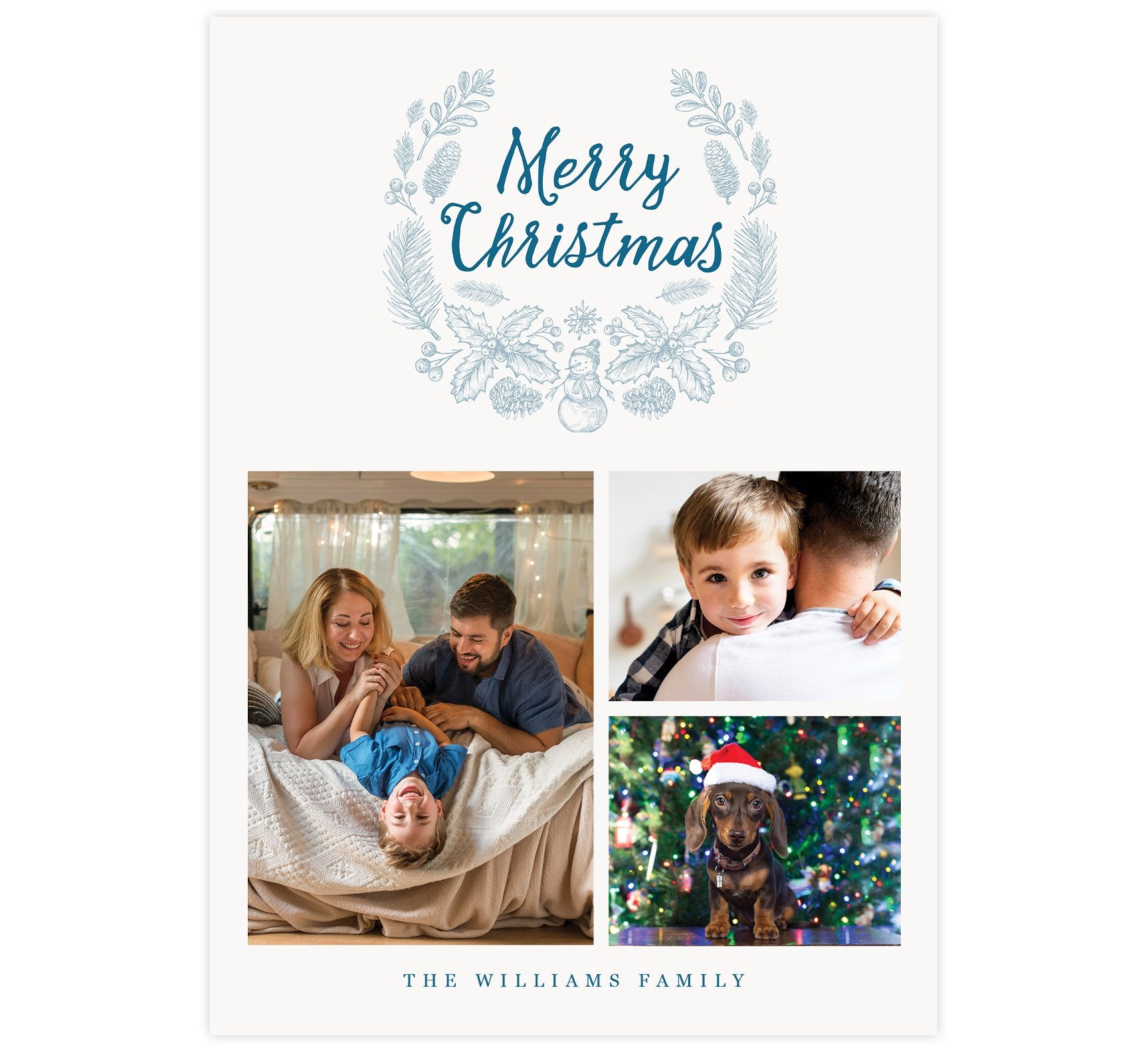 Blue Wreath Holiday Card; Subtle blue background with hand drawn winter elements in a wreath around "Merry Christmas" at the top and 3 image spots below