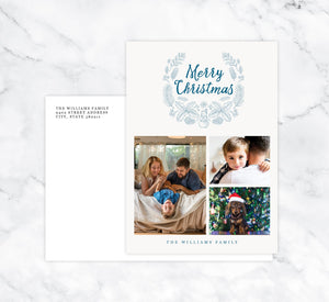 Blue Wreath Holiday Card Mockup; Holiday card with envelope and return address printed on it. 