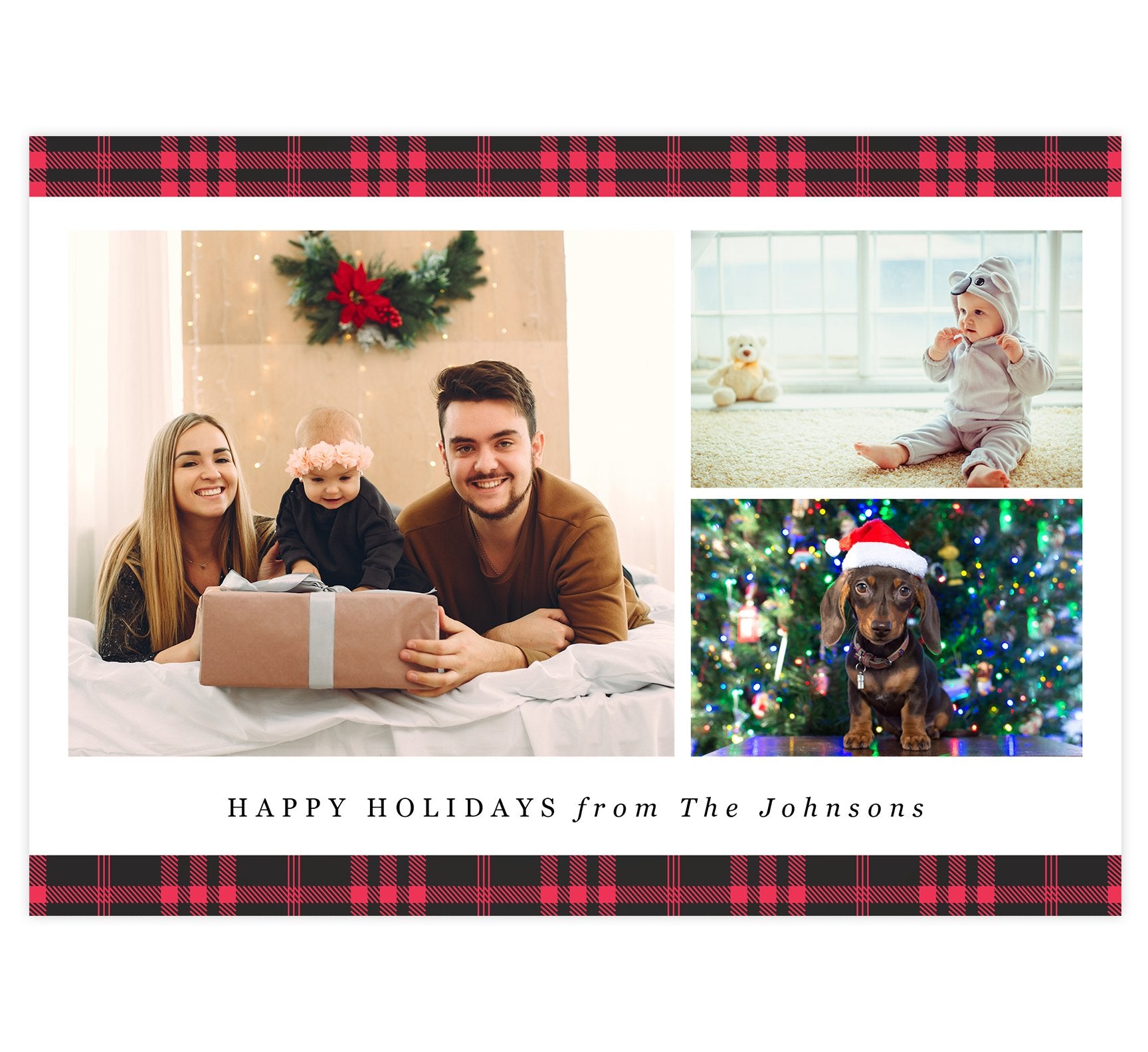 Red Plaid Holiday Card; White background with spots for three photos, plaid design on the top and bottom edges and simple 'happy holidays' text at the bottom.
