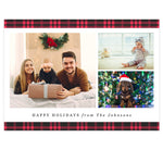 Load image into Gallery viewer, Red Plaid Holiday Card; White background with spots for three photos, plaid design on the top and bottom edges and simple &#39;happy holidays&#39; text at the bottom.
