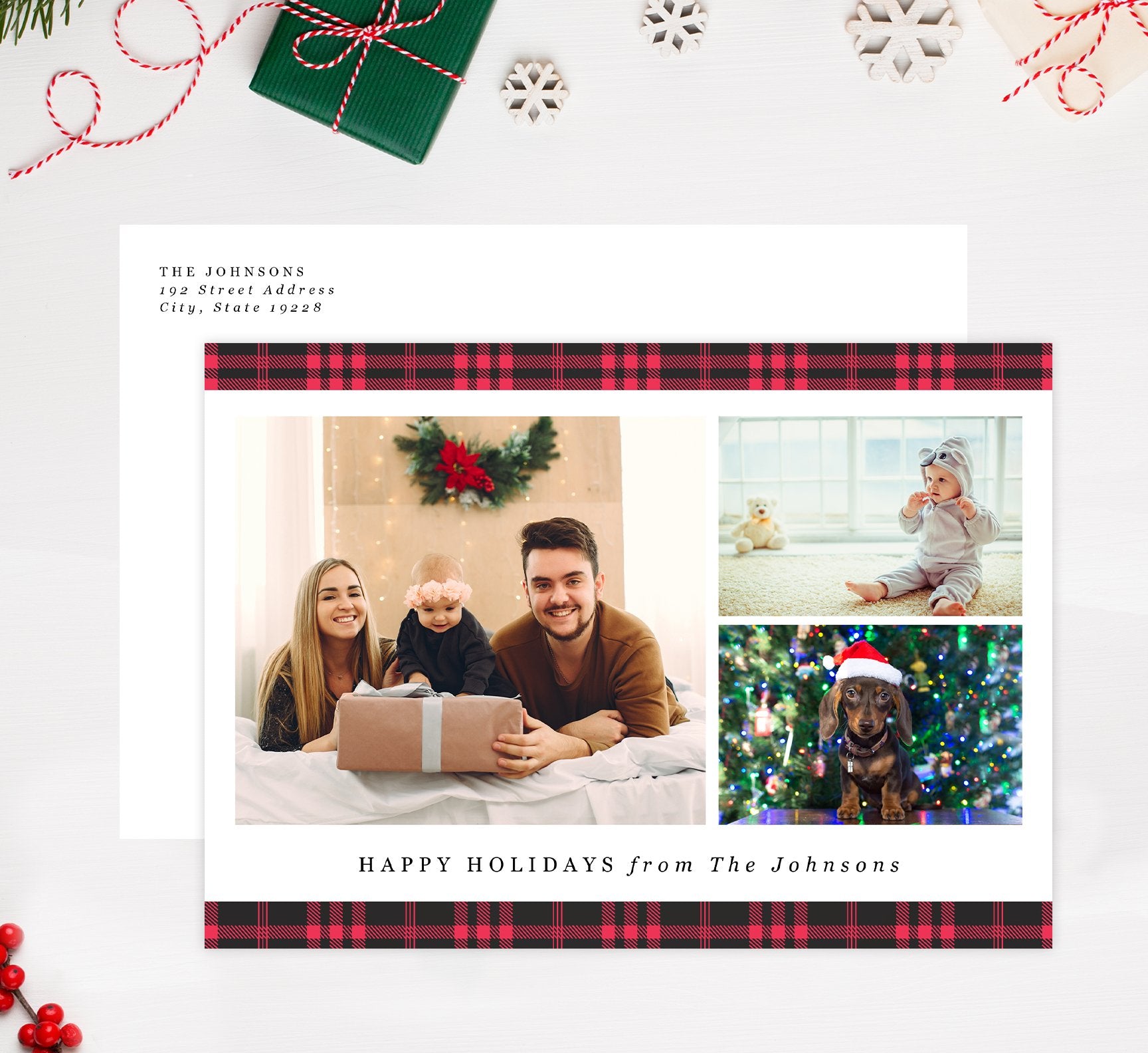 Red Plaid Holiday Card Mockup; Holiday card with envelope and return address printed on it. 