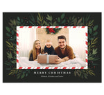 Load image into Gallery viewer, Candy Cane Frame Holiday Card; Dark backgrond, one image spot with a candy cane design frame around the image and watercolor greenery around the frame.
