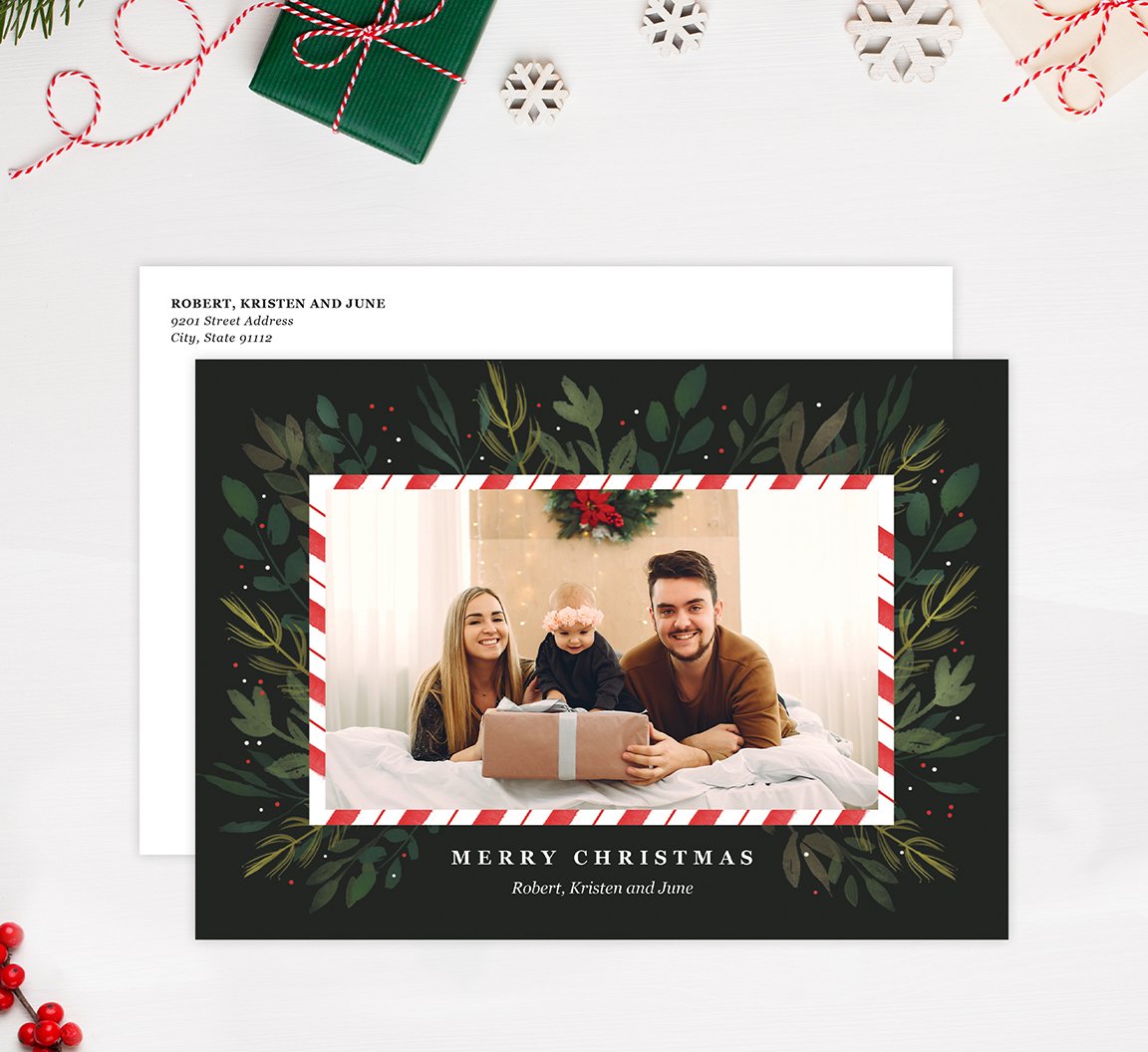 Candy Cane Frame Holiday Card Mockup; Holiday card with envelope and return address printed on it. 