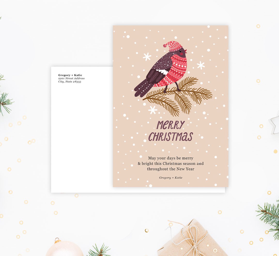 Christmas Bird Holiday Card Mockup; Holiday card with envelope and return address printed on it. 