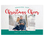 Load image into Gallery viewer, Christmas Cheer Holiday Card; Textured white background with teal and red text at the top and photo in the middle. Teal at the bottom with white text to include the family&#39;s names.
