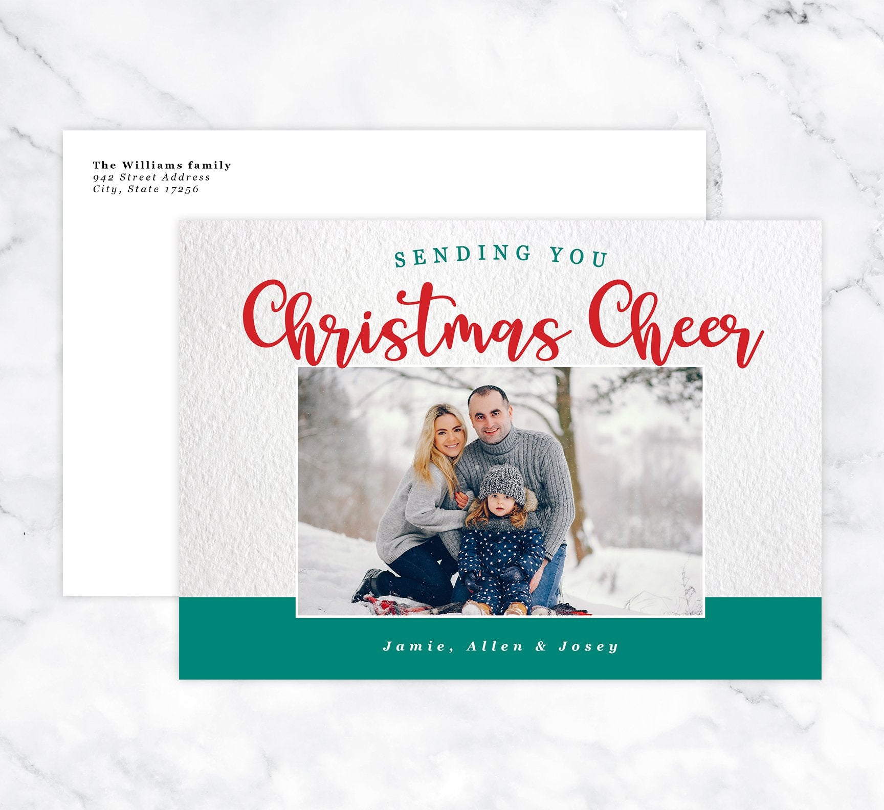 Christmas Cheer Holiday Card Mockup; Holiday card with envelope and return address printed on it. 