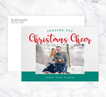Load image into Gallery viewer, Christmas Cheer Holiday Card Mockup; Holiday card with envelope and return address printed on it. 
