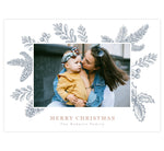 Load image into Gallery viewer, Christmas Frame Holiday Card; White background with hand drawn winter elements in a frame around the 1 image spot. &quot;Merry Christmas&quot; under the image in rose gold.
