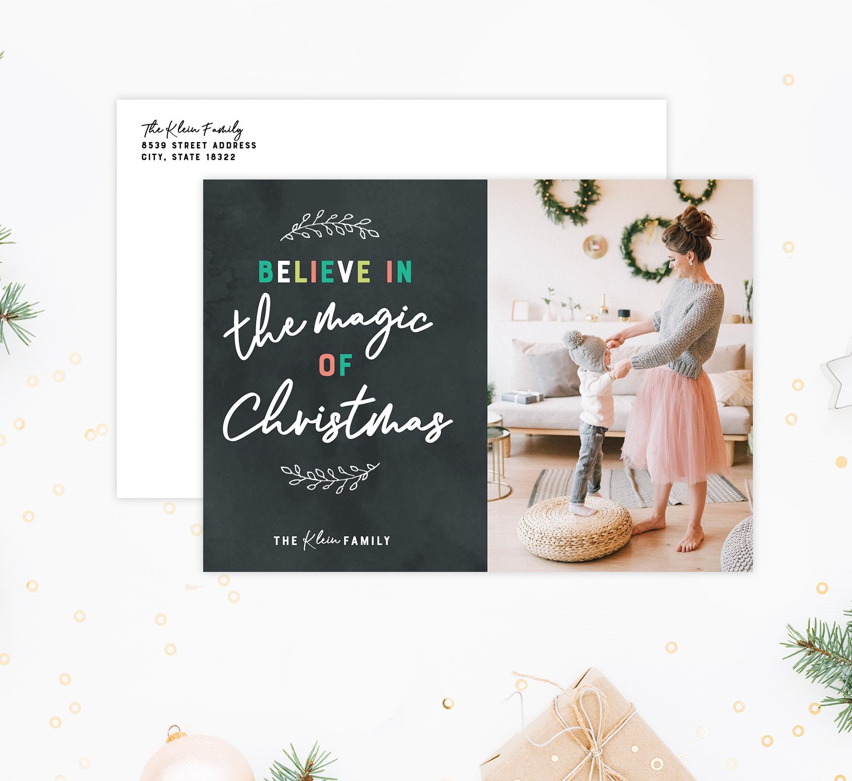 Christmas Magic Holiday Card Mockup; Holiday card with envelope and return address printed on it. 