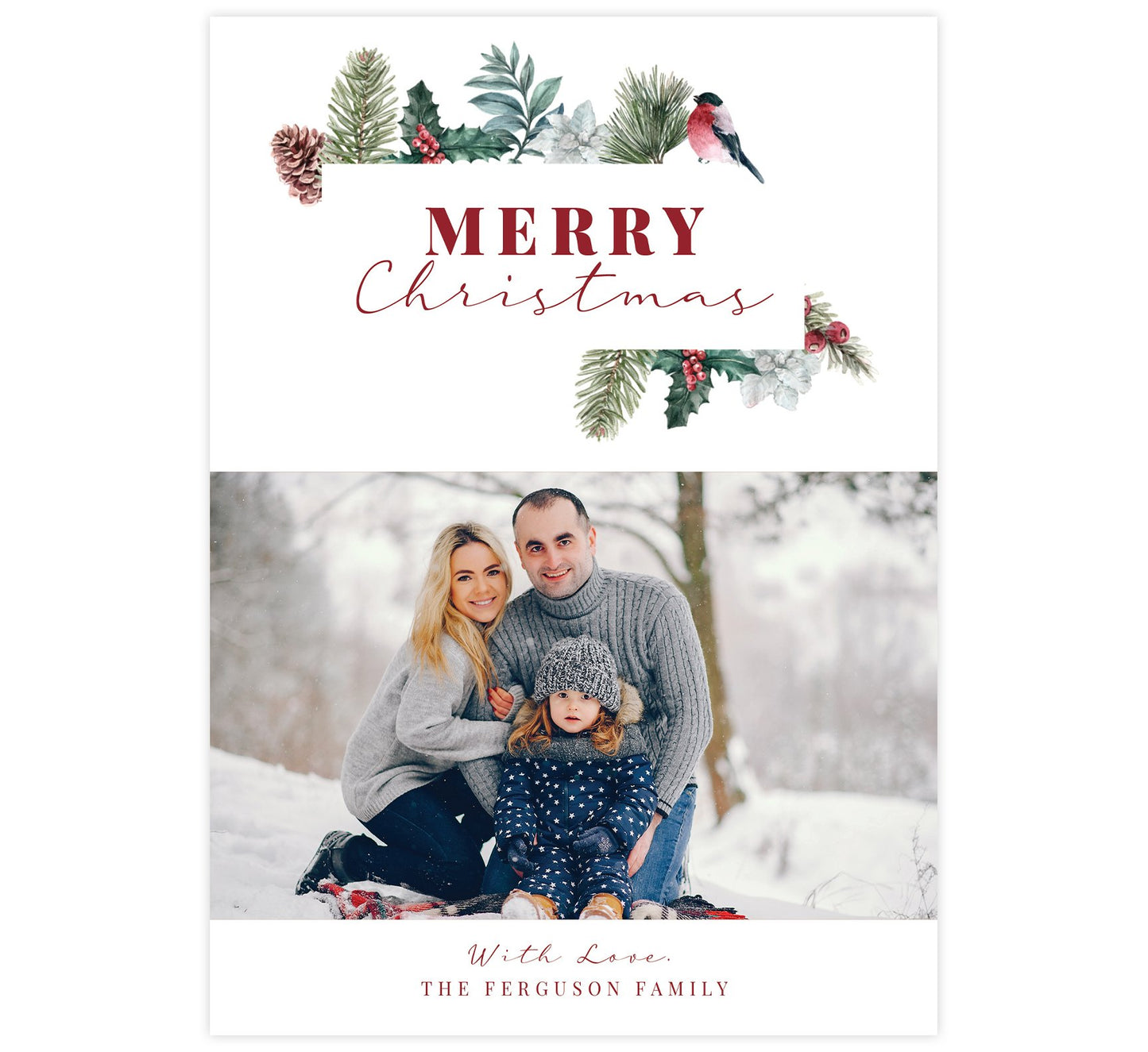Christmas Pine Holiday Card; Simple white background with watercolor pine elements around "Merry Christmas" and one image spot.